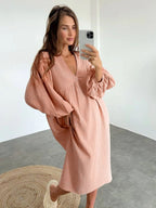 Miss | Jurk Dames Midi V-hals Pofmouwen - Viscose - Miss Madera MIS-YDSNBL