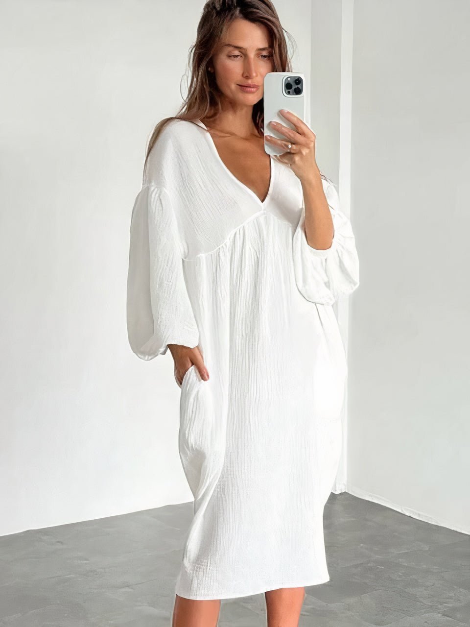 Miss | Jurk Dames Midi V-hals Pofmouwen - Viscose - Miss Madera MIS-L9ZZK9