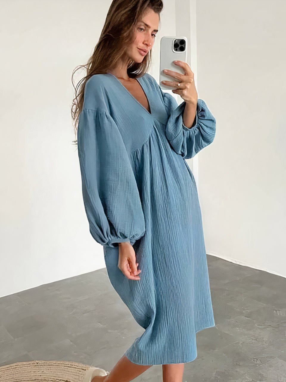 Miss | Jurk Dames Midi V-hals Pofmouwen - Viscose - Miss Madera MIS-YDSNBL