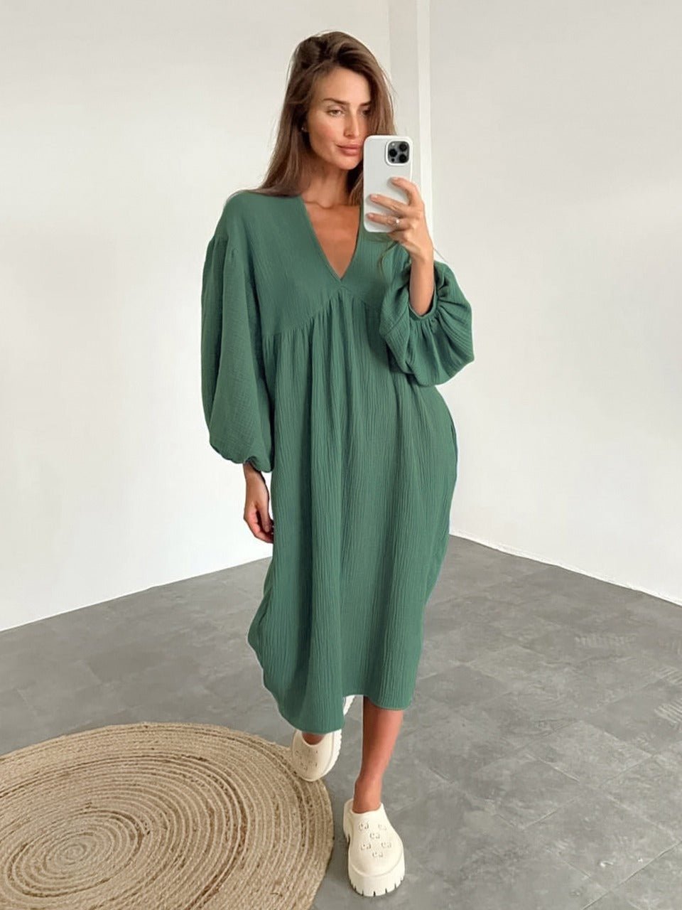 Miss | Jurk Dames Midi V-hals Pofmouwen - Viscose - Miss Madera MIS-5HX2XD