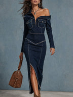 Miss | Jurk Dames Midi Vintage Regular Fit - Denim - Miss Madera MIS-6O8I6K