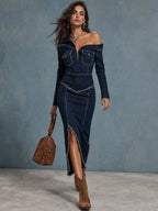 Miss | Jurk Dames Midi Vintage Regular Fit - Denim - Miss Madera MIS-6O8I6K