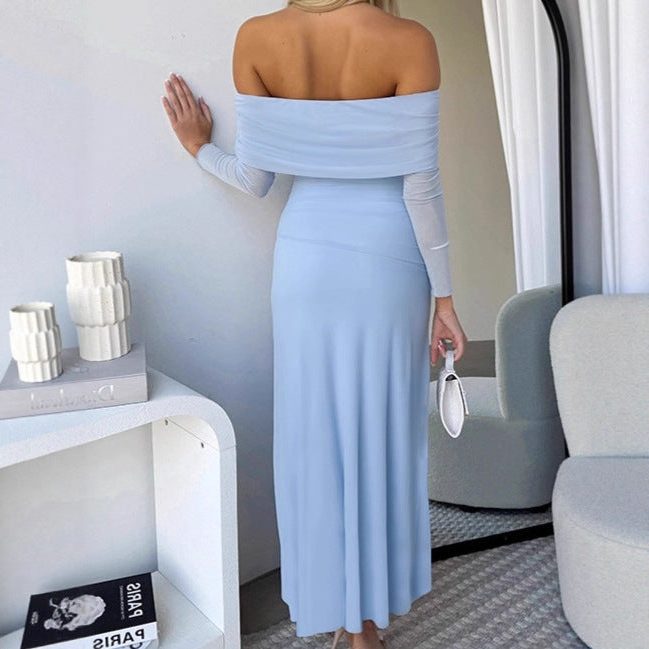 Miss | Jurk Dames Off-Shoulder Maxi Zijsplit Lange Mouw - Miss Madera MIS-XRH3DB