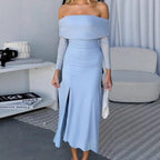 Miss | Jurk Dames Off-Shoulder Maxi Zijsplit Lange Mouw - Miss Madera MIS-XRH3DB