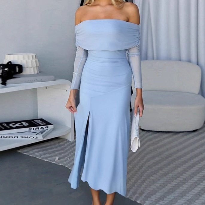 Miss | Jurk Dames Off-Shoulder Maxi Zijsplit Lange Mouw - Miss Madera MIS-XRH3DB