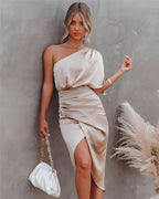 Miss | Jurk Dames Off-Shoulder Midi Satijn - Miss Madera MIS-0LGQU3