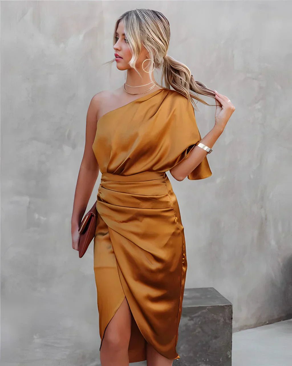 Miss | Jurk Dames Off-Shoulder Midi Satijn - Miss Madera MIS-G9ED3S