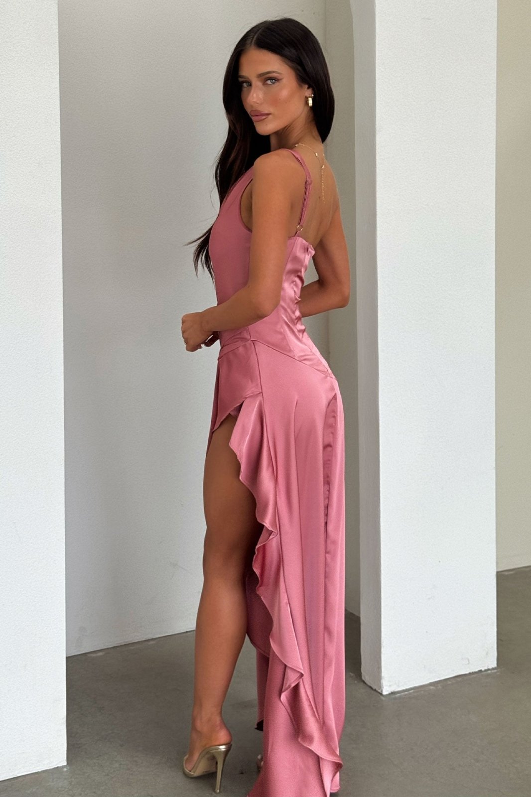 Miss | Jurk Dames One-Shoulder Maxi Satijn - Roze - Miss Madera MIS-ZA6RQK