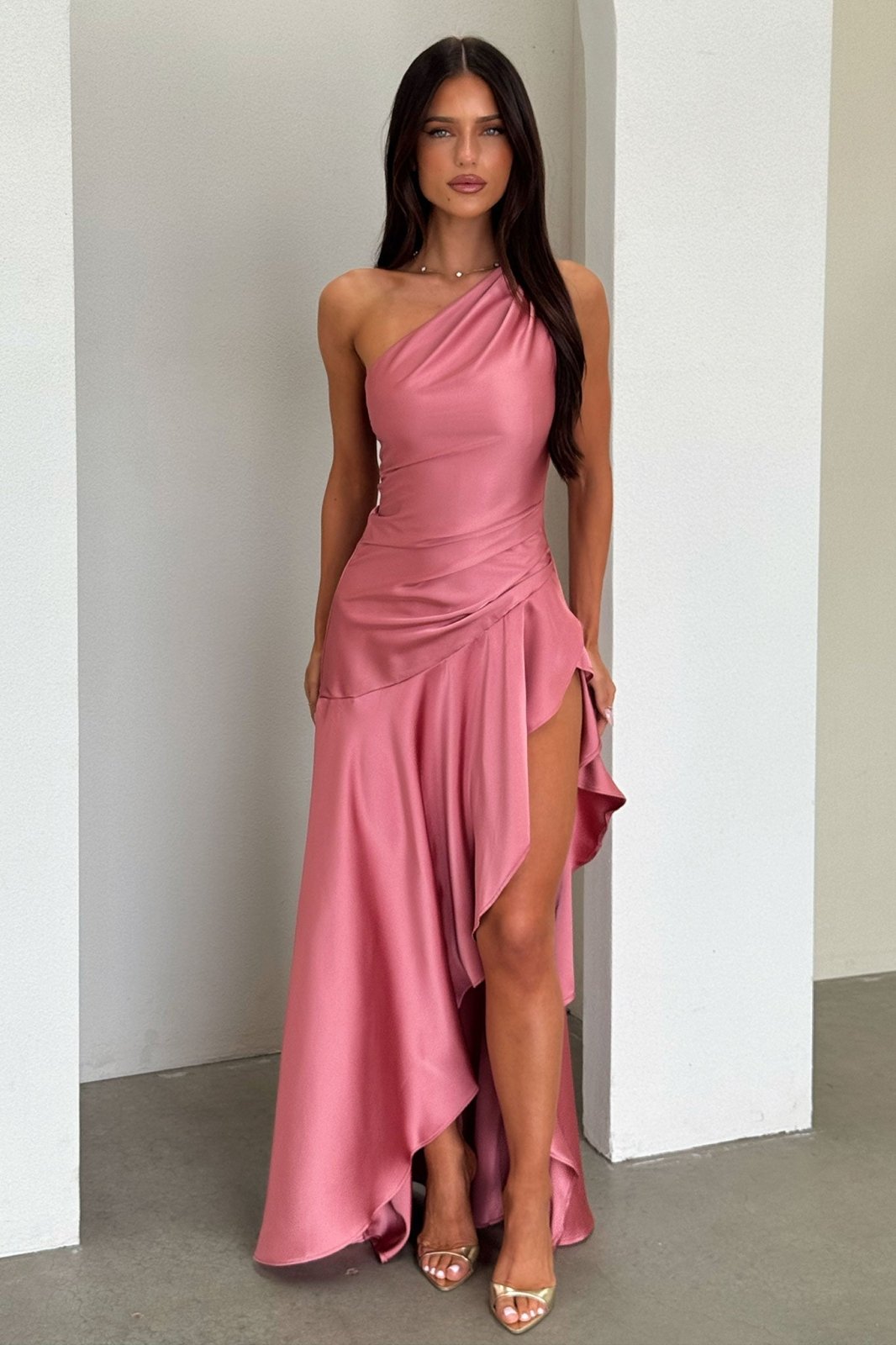 Miss | Jurk Dames One-Shoulder Maxi Satijn - Roze - Miss Madera MIS-ZA6RQK