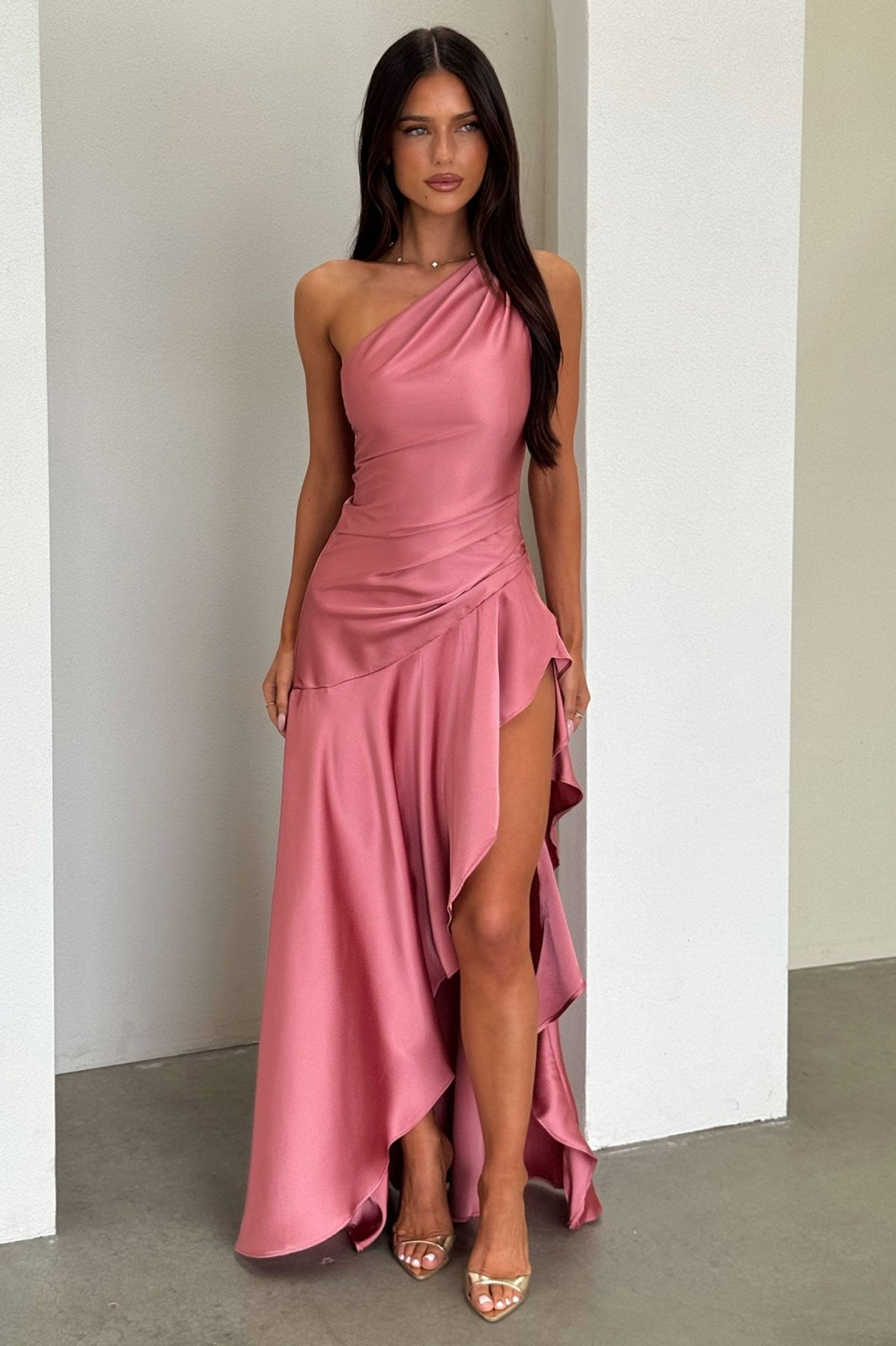 Miss | Jurk Dames One-Shoulder Maxi Satijn - Roze - Miss Madera MIS-ZA6RQK