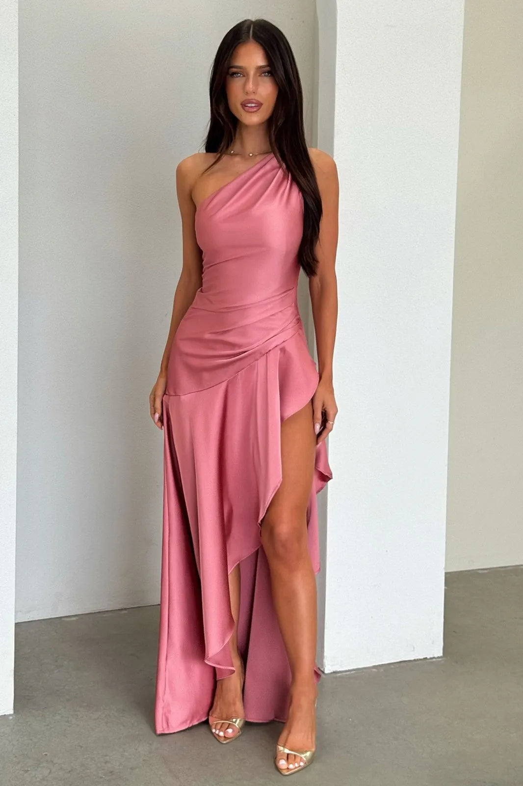 Miss | Jurk Dames One-Shoulder Maxi Satijn - Roze - Miss Madera MIS-ZA6RQK