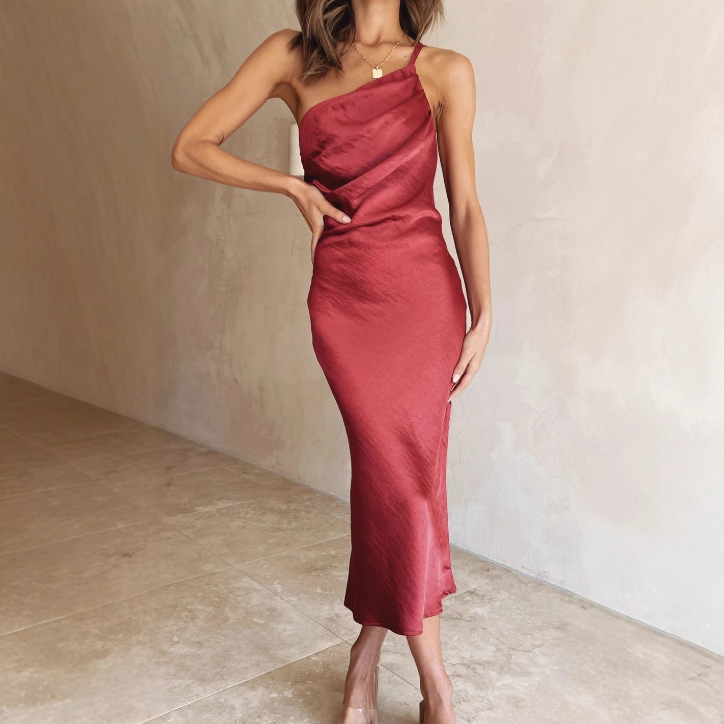 Miss | Jurk Dames One-Shoulder Midi Asymmetrisch - Satijn - Miss Madera MIS-LZL1RB