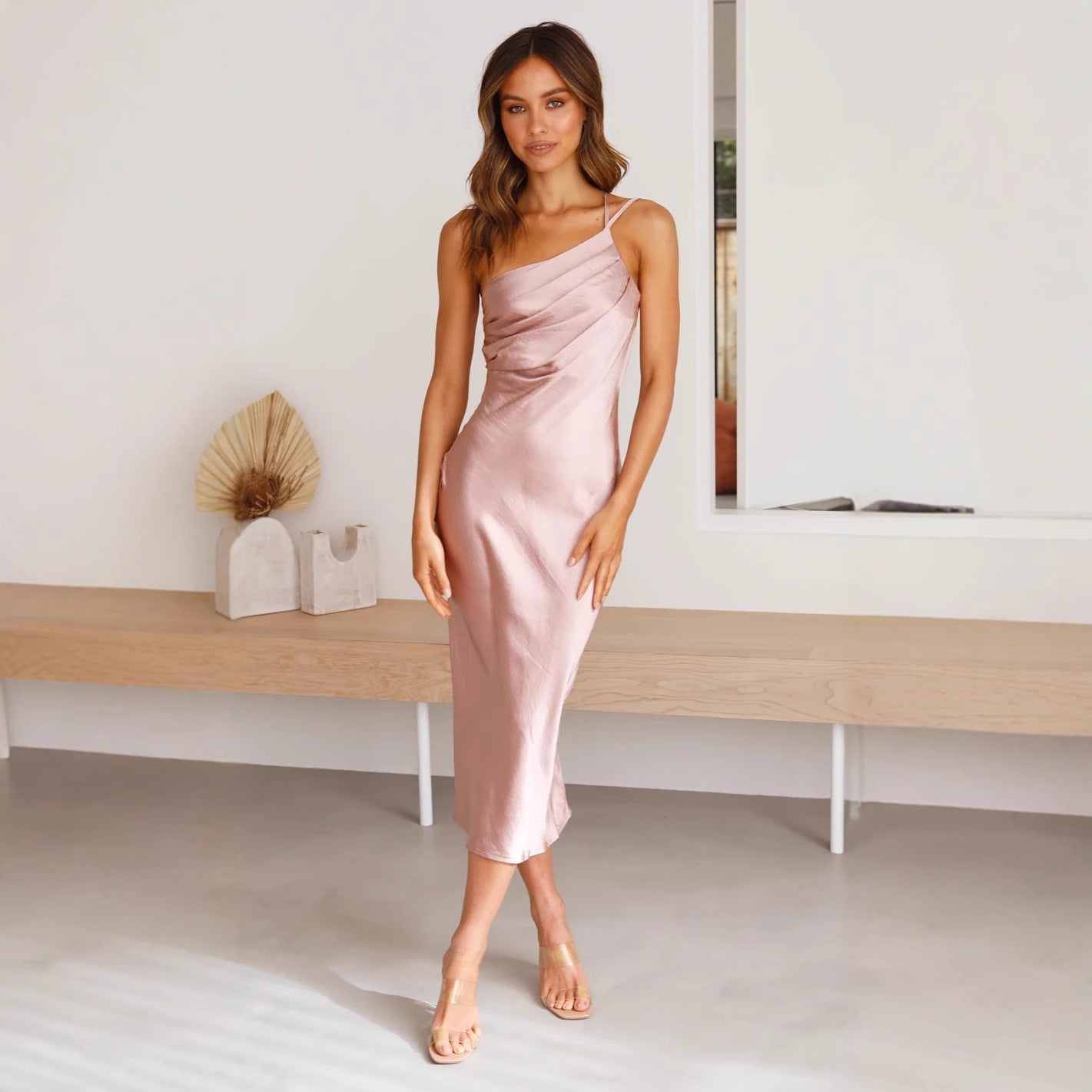 Miss | Jurk Dames One-Shoulder Midi Asymmetrisch - Satijn - Miss Madera MIS-LZL1RB