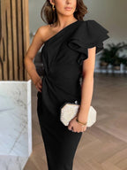 Miss | Jurk Dames One-Shoulder Midi Gelaagd - Lichtgewicht Geweven - Miss Madera MIS-A90SA2