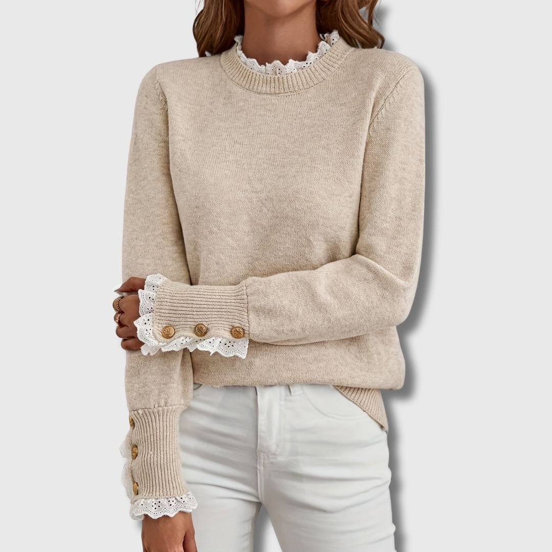 Miss | Jurk Dames Ronde Hals Kanten Detail Gouden Knopen - Gebreid - Miss Madera MIS-256U6A