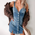 Miss | Jurk Dames Sweetheart Hals Asymmetrische Split - Denim - Miss Madera MIS-HLPVYQ