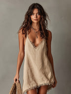 Miss | Jurk Dames V-Hals Mouwloos Asymmetrische Franjesrand - Mini - Miss Madera MIS-95S2LX