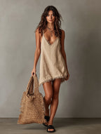 Miss | Jurk Dames V-Hals Mouwloos Asymmetrische Franjesrand - Mini - Miss Madera MIS-95S2LX