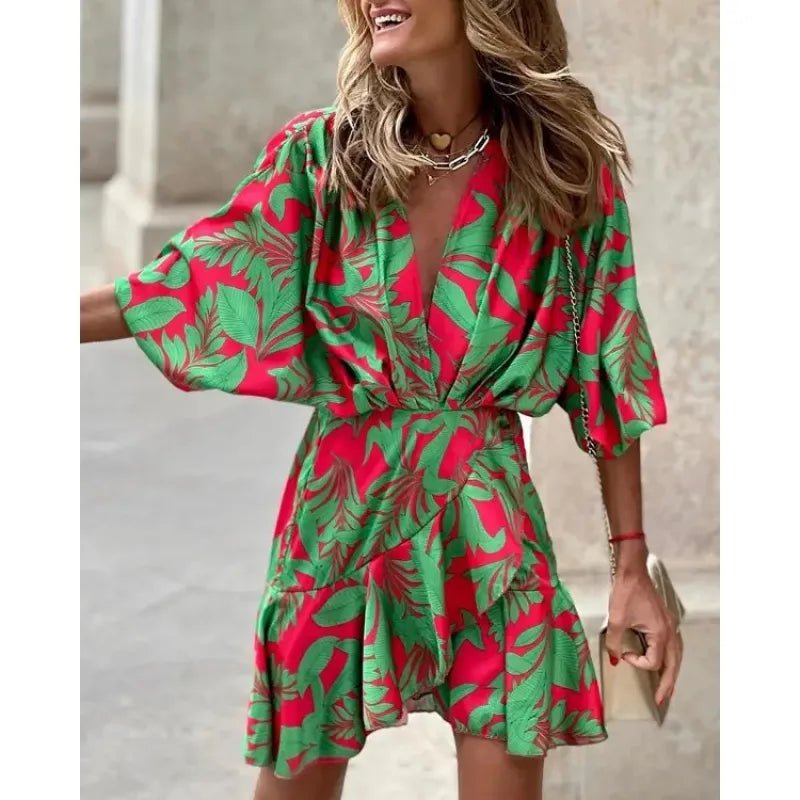 Miss | Jurk Dames Zomer V-hals Bladprint - polyester - Miss Madera MIS-793Y9K