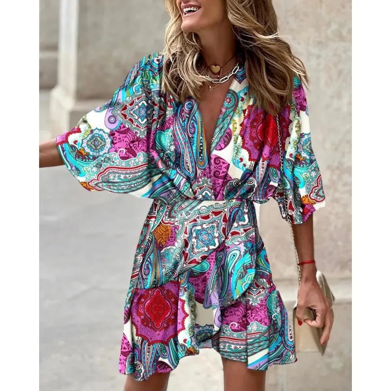 Miss | Jurk Dames Zomer V-hals Bladprint - polyester - Miss Madera MIS-7CED0N