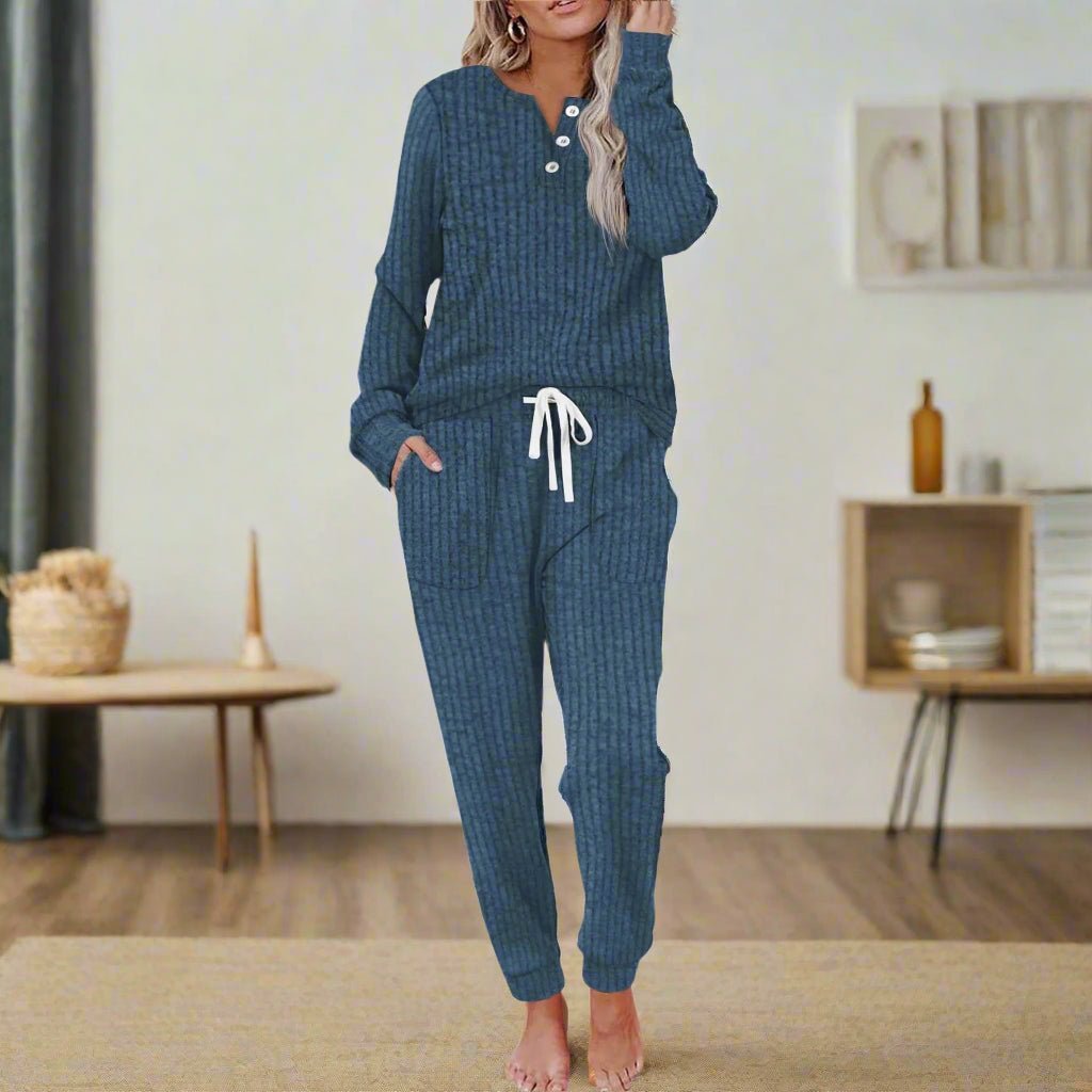 Miss | Loungewear Set Dames Geribbeld Knoopsluiting Lange Mouw - Miss Madera MIS-HQSESJ