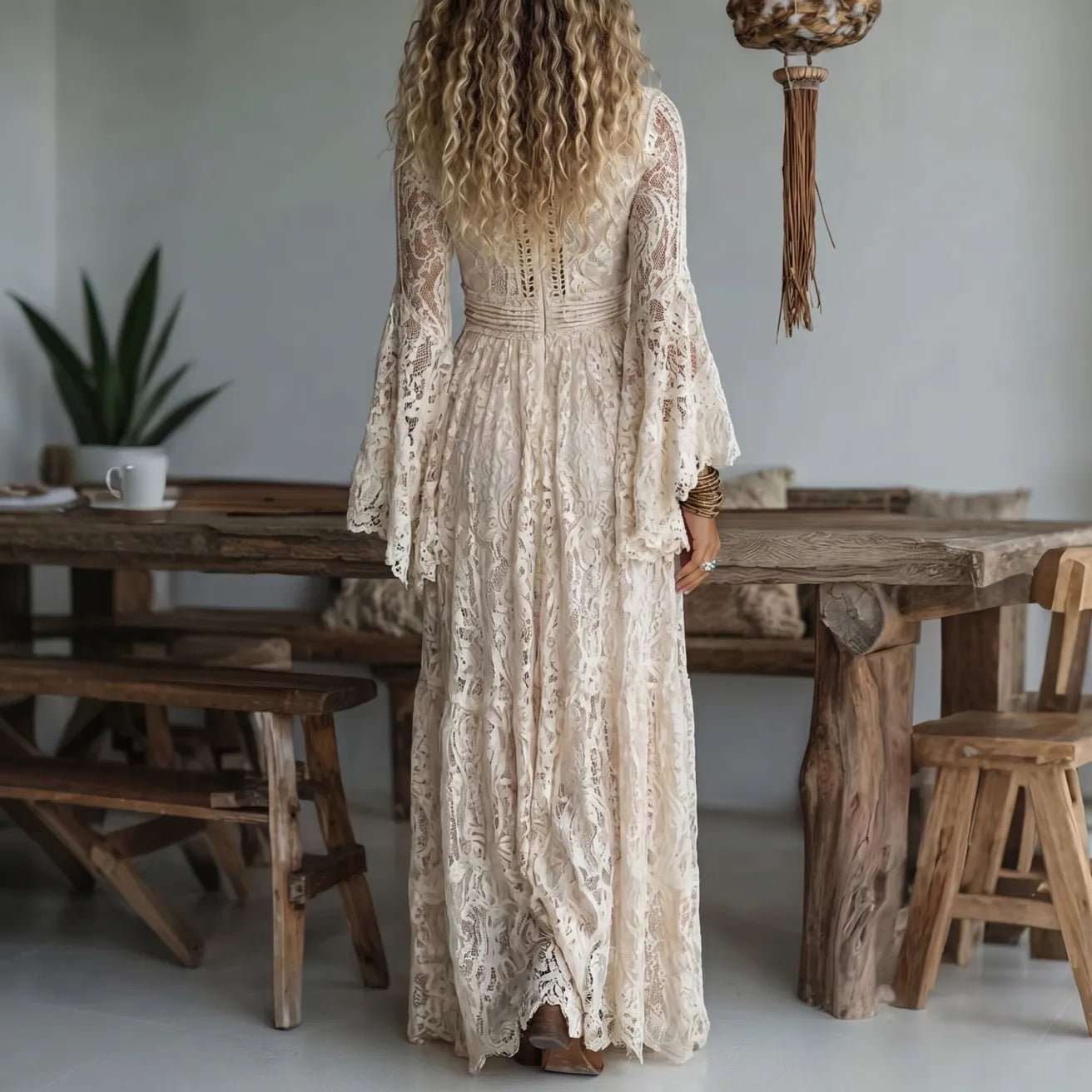 Miss | Maxi Jurk Dames Lange Mouwen Kant V-hals - Viscose - Miss Madera MIS-ML6P0Q