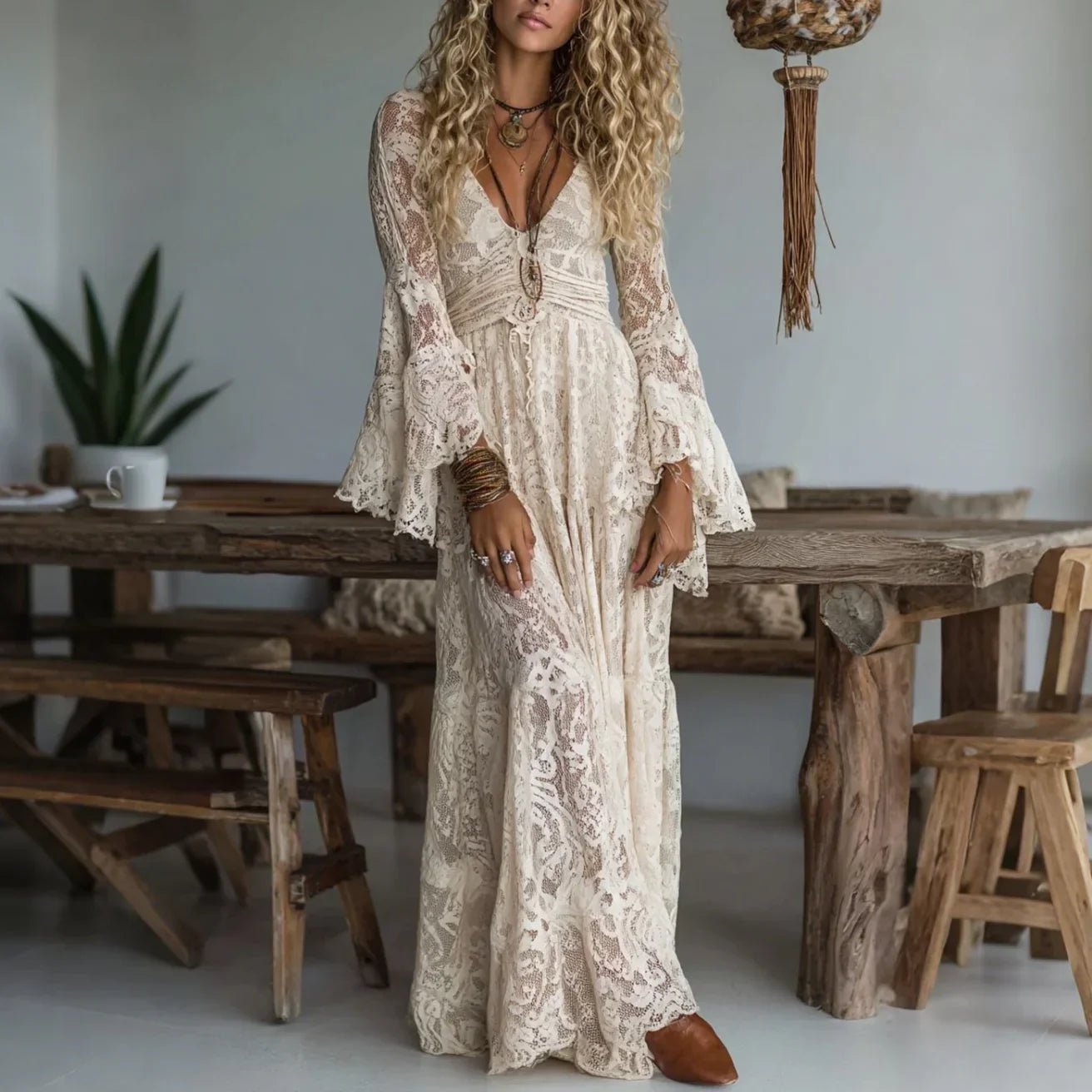 Miss | Maxi Jurk Dames Lange Mouwen Kant V-hals - Viscose - Miss Madera MIS-ML6P0Q
