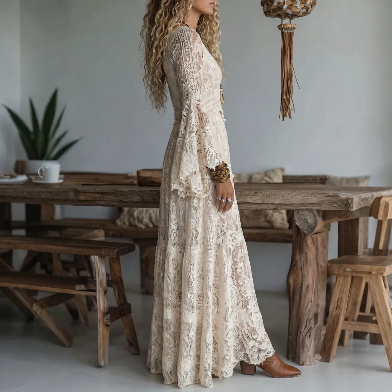 Miss | Maxi Jurk Dames Lange Mouwen Kant V-hals - Viscose - Miss Madera MIS-ML6P0Q