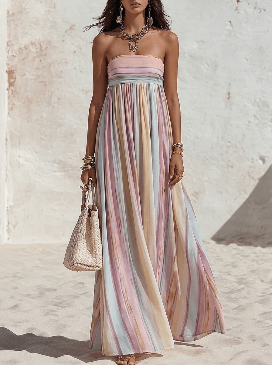 Miss | Maxi Jurk Dames Mouwloos Vierkante Hals Gestreept - Ademend weefsel - Miss Madera MIS-8EI7KT