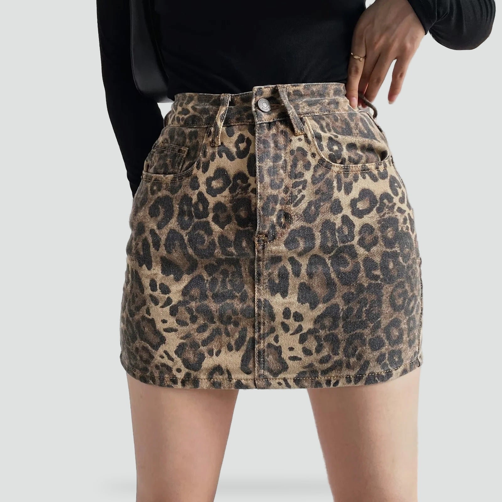 Miss | Rok Dames Mini High Waist Panterprint - Denim - Miss Madera MIS-LU4A9L