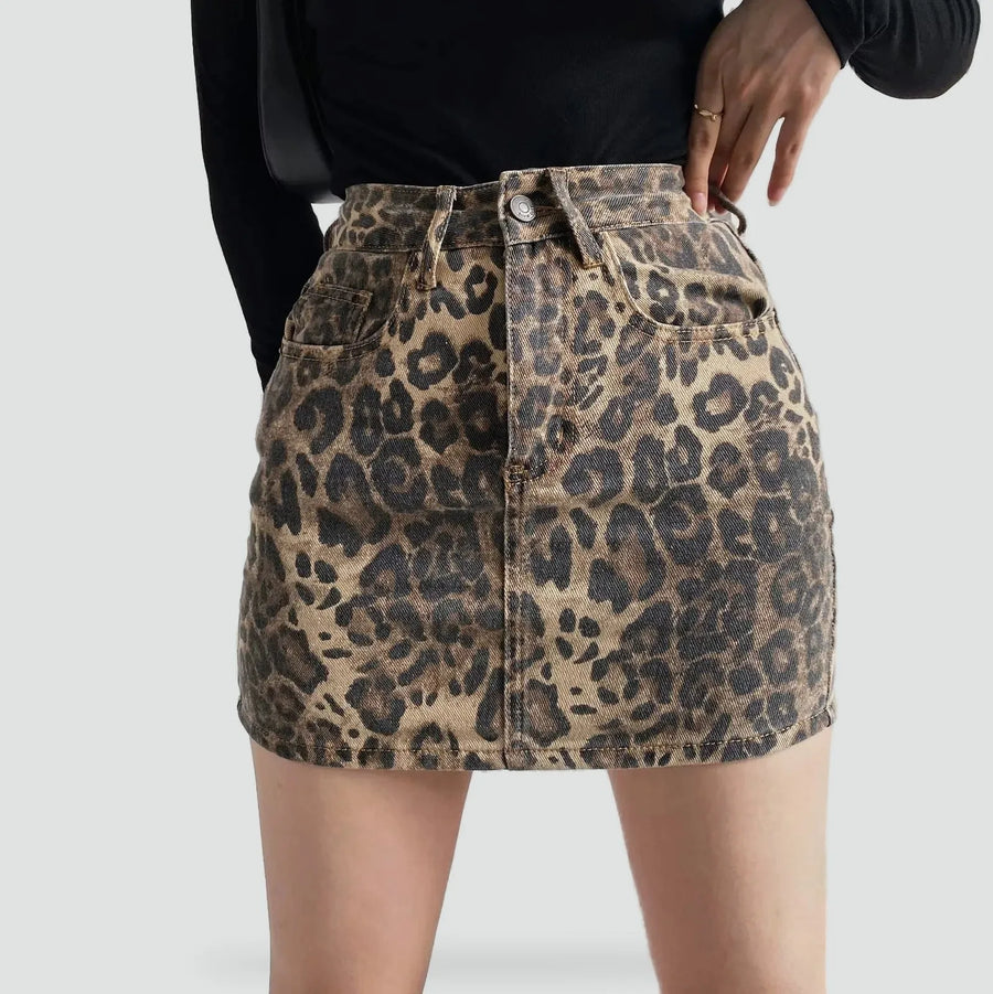 Rok Dames Mini High Waist Panterprint - Denim