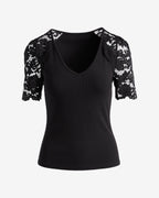 Miss | Top Dames Casual Elegant - Geribde brei met kantaccenten - Miss Madera