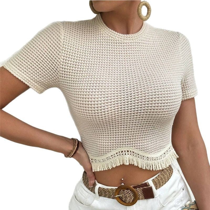 Miss | Top Dames Gehaakte Cropped Korte Mouw Scallop Zoom - Katoen - Miss Madera MIS-MG933U