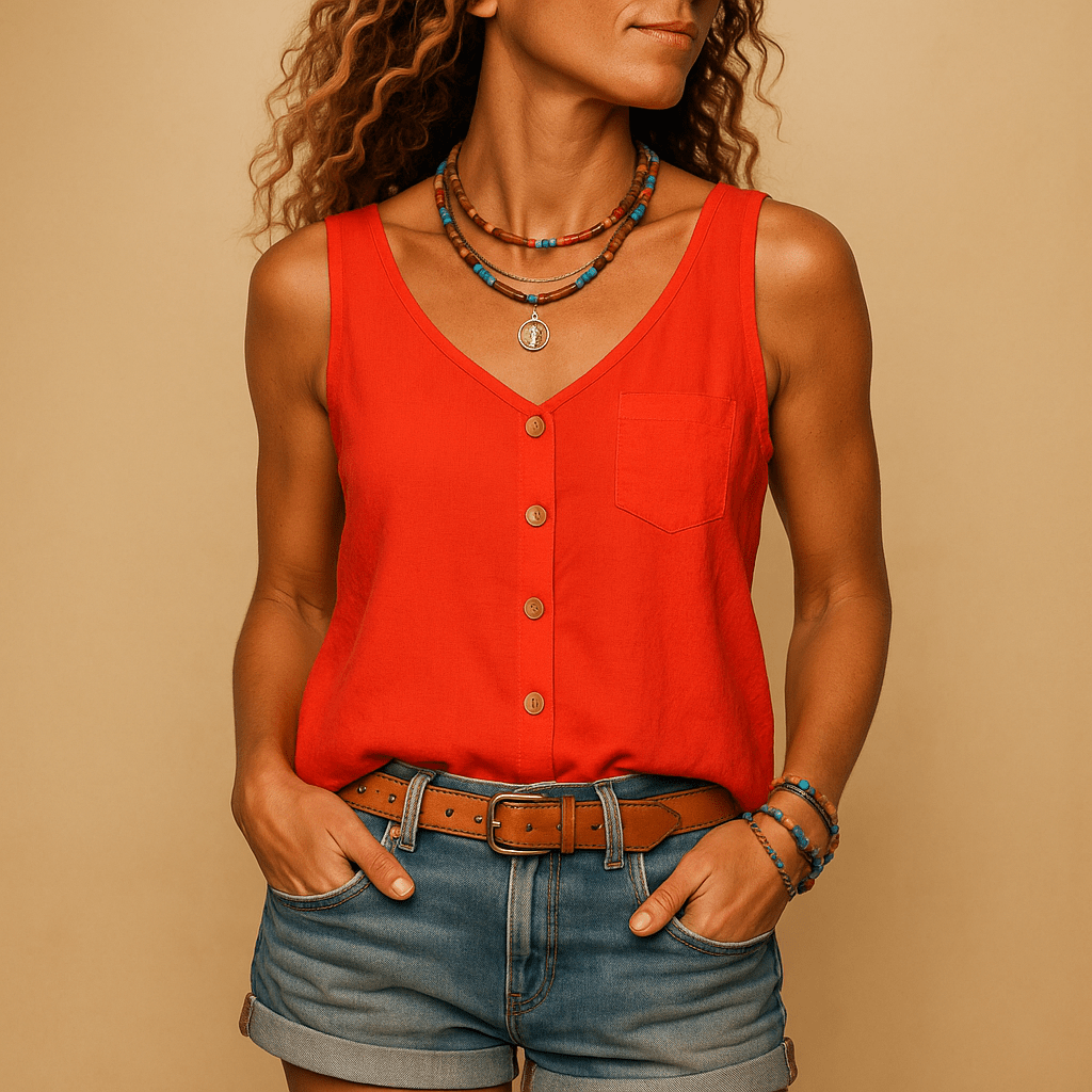 Miss | Top Dames Zomer Mouwloos Knopen Ronde Hals - Viscose - Miss Madera MIS-3ZMB5F