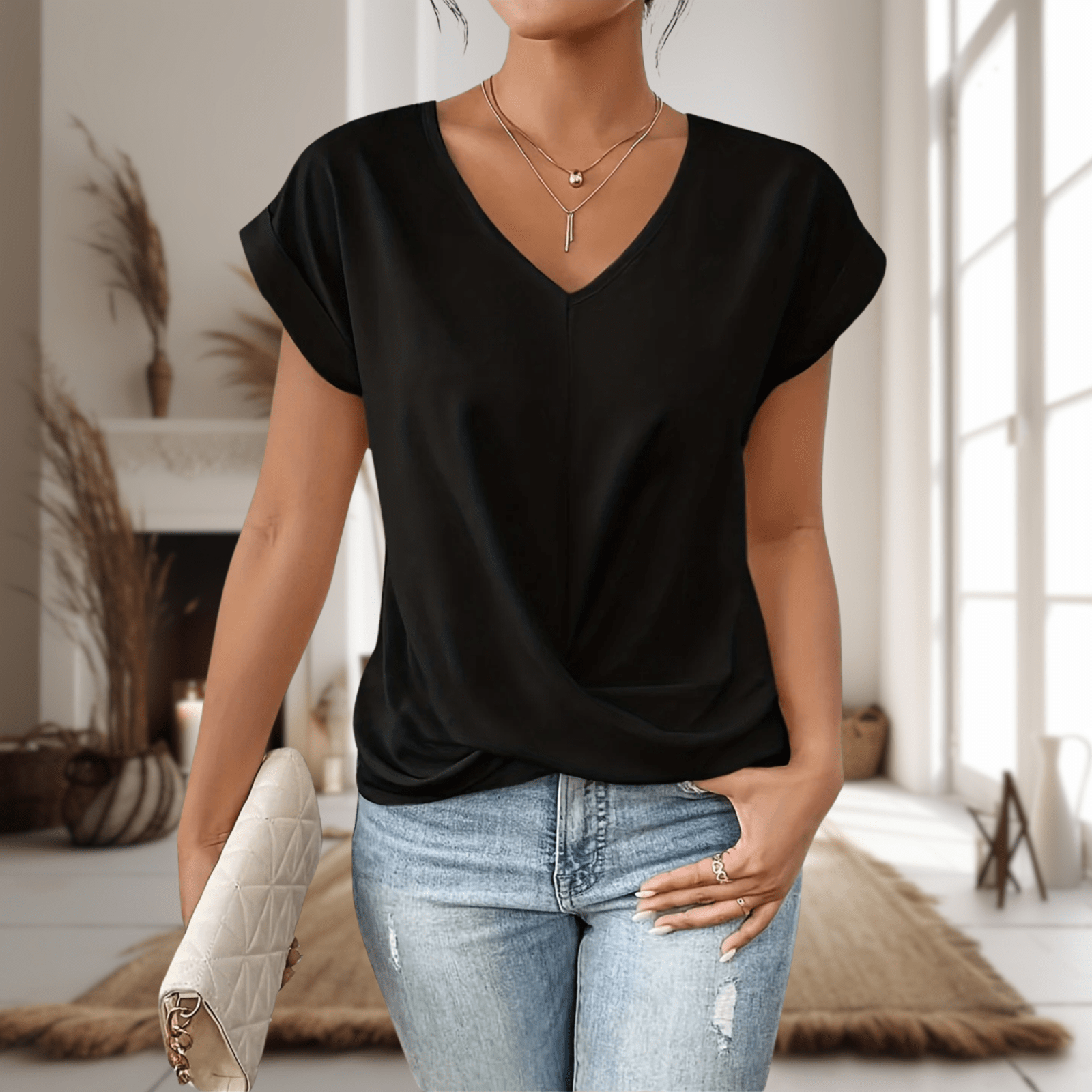 Miss | Top Dames Zomer V-hals met Wikkeldetail - Viscose - Miss Madera MIS-4QC3WB