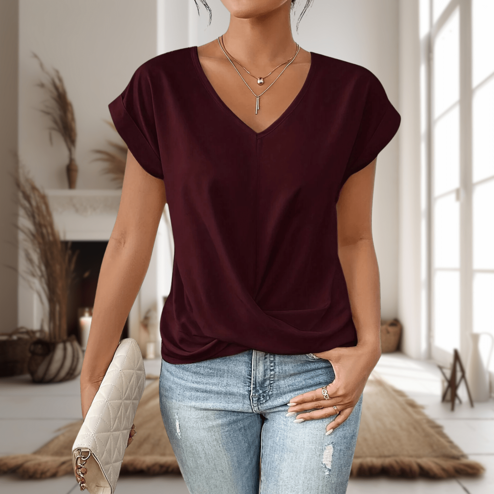 Miss | Top Dames Zomer V-hals met Wikkeldetail - Viscose - Miss Madera MIS-TTKH4F