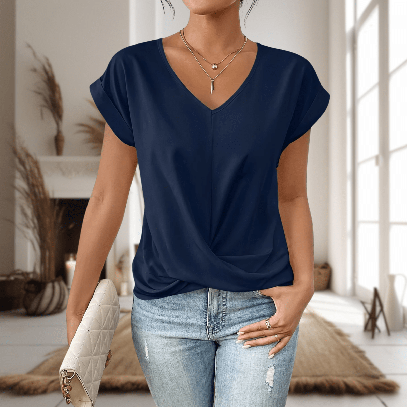 Miss | Top Dames Zomer V-hals met Wikkeldetail - Viscose - Miss Madera MIS-ZIXAGL