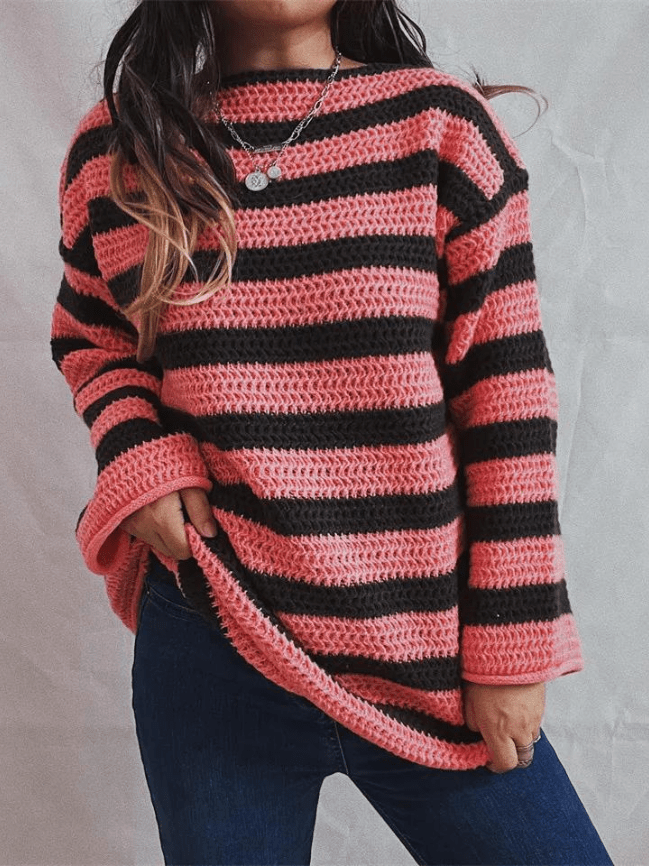 Miss | Trui Dames Grofgebreid Streepdessin Oversized Ronde Hals - Miss Madera MIS-8Y359J