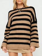 Miss | Trui Dames Grofgebreid Streepdessin Oversized Ronde Hals - Miss Madera MIS-19IYRB