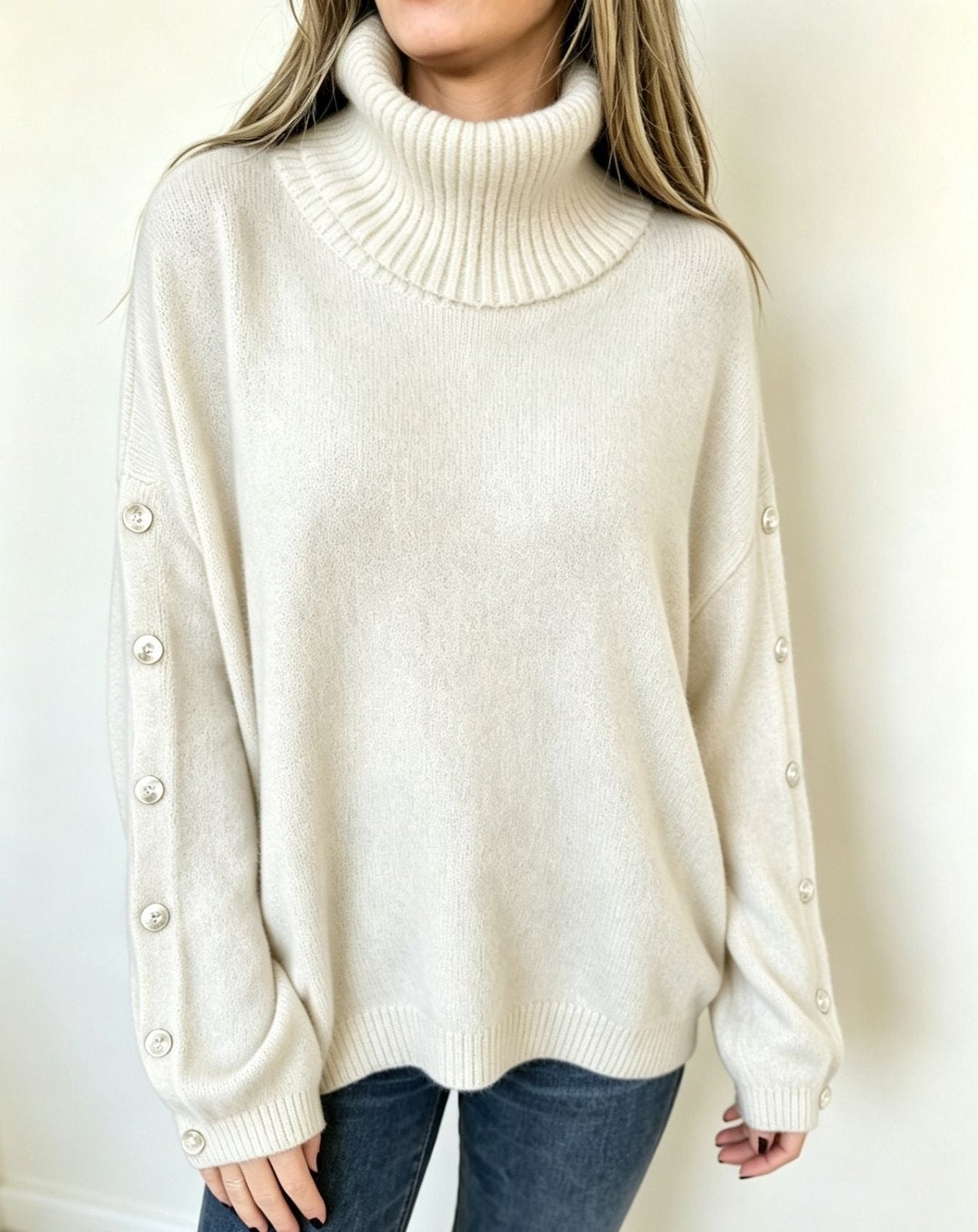 Miss | Trui Dames Oversized Coltrui Knoopdetail - Gebreid - Miss Madera MIS-LNFYSG