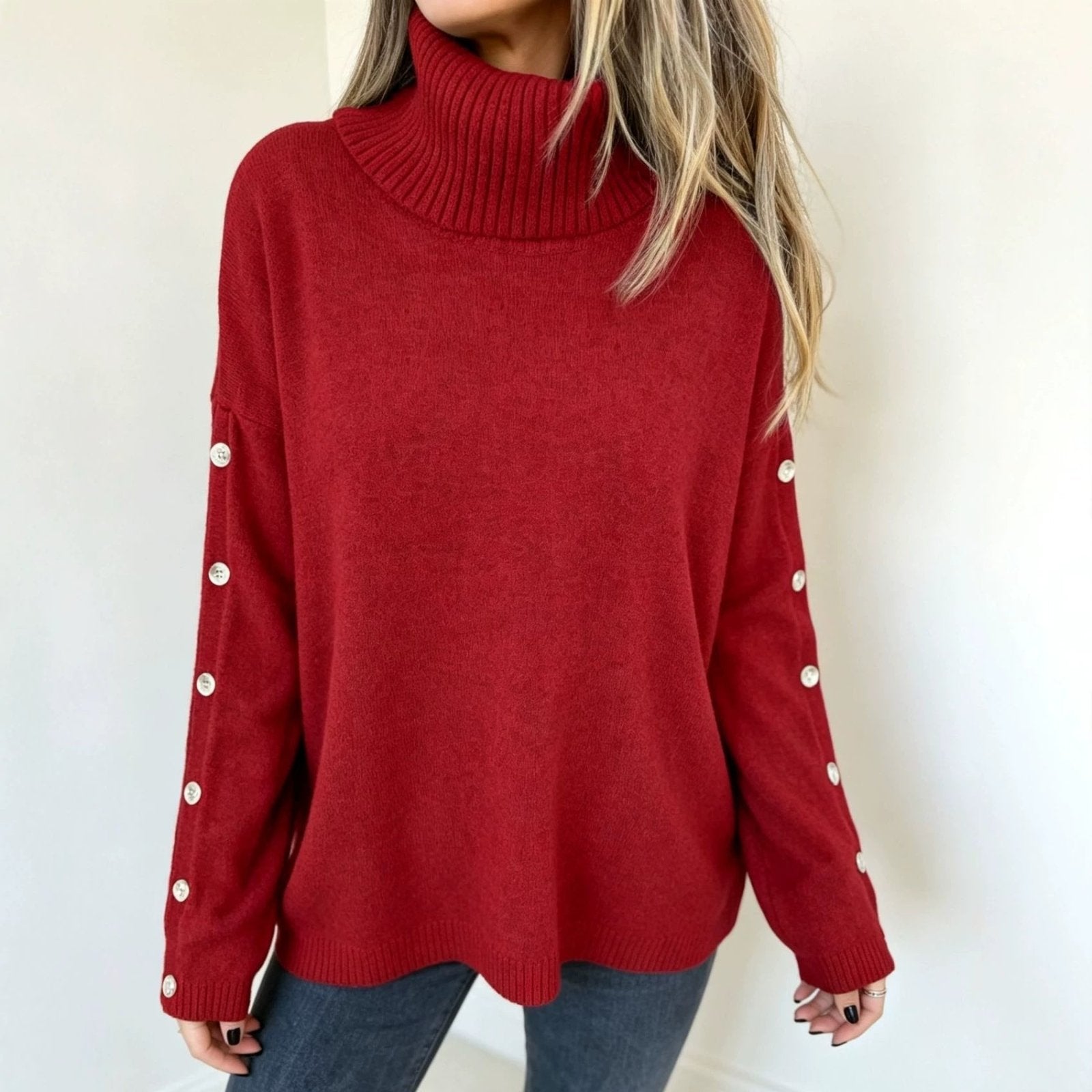 Miss | Trui Dames Oversized Coltrui Knoopdetail - Gebreid - Miss Madera MIS-MT85M1