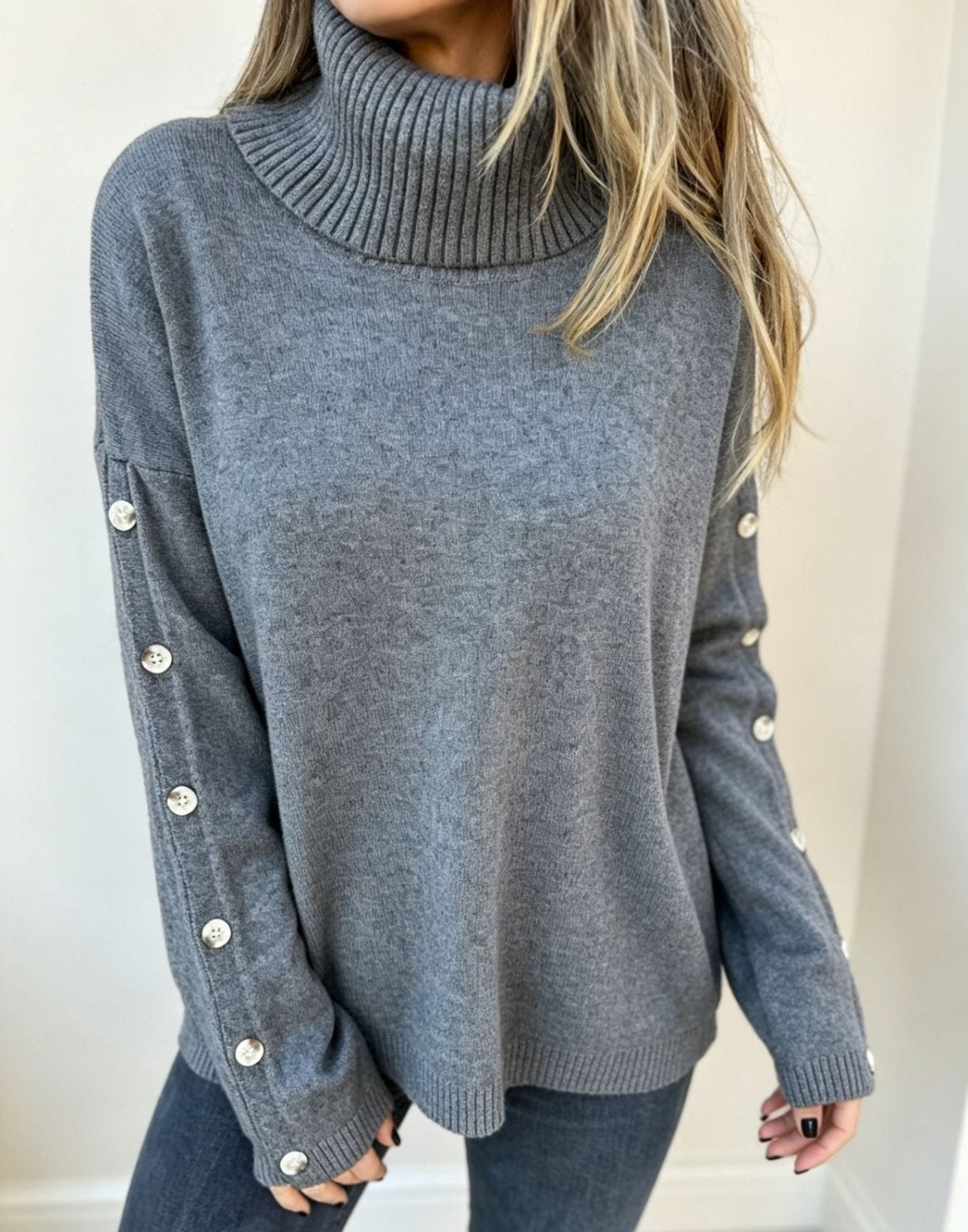 Miss | Trui Dames Oversized Coltrui Knoopdetail - Gebreid - Miss Madera MIS-W10Q0N