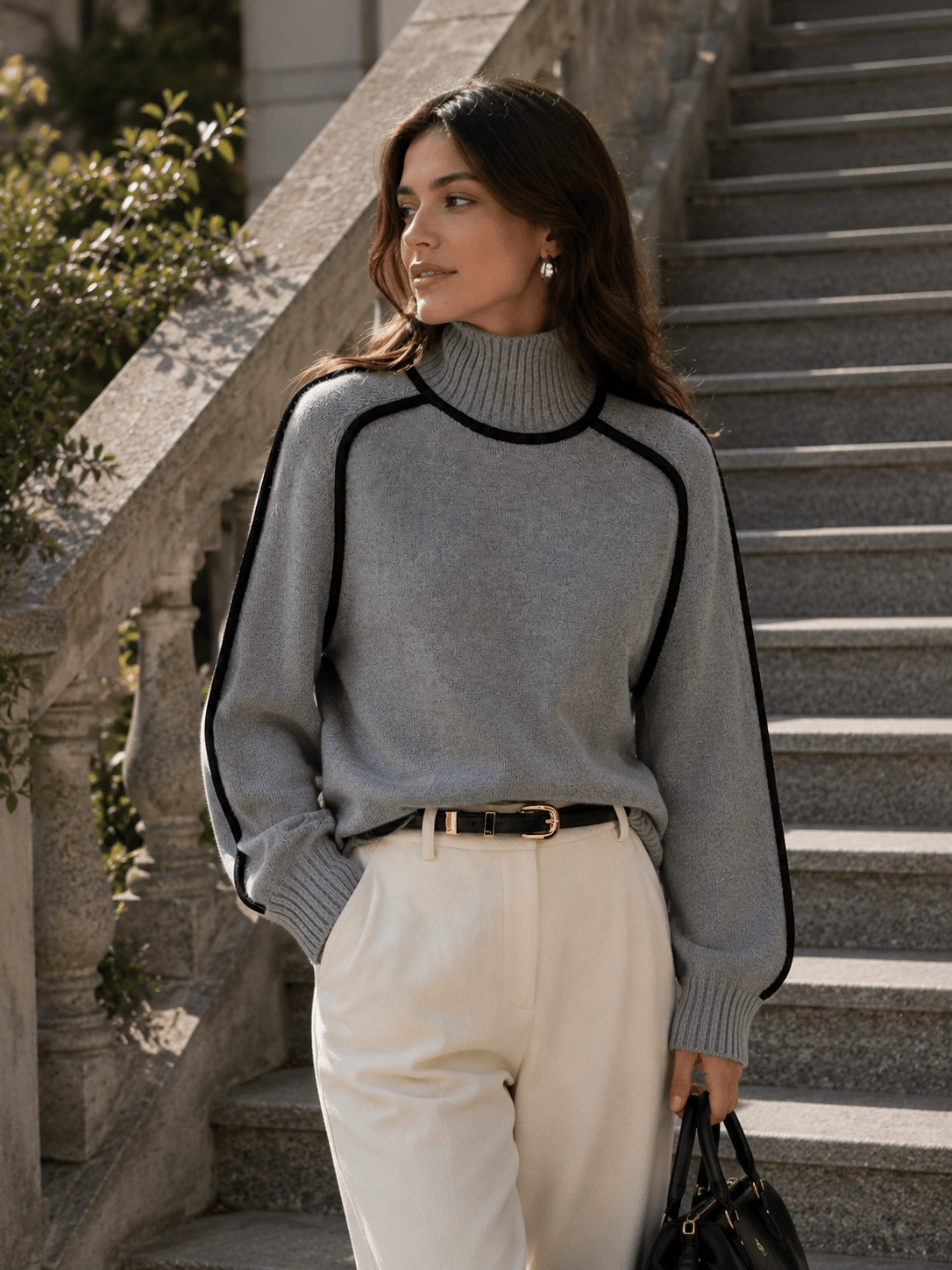 Miss | Trui Dames Oversized Rolkraag Raglanmouw Contrastbies - Gebreid - Miss Madera MIS-LDVWYQ