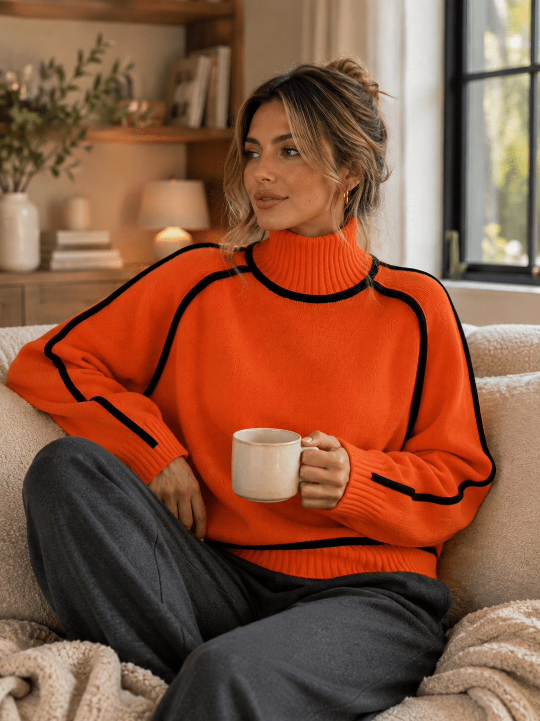 Miss | Trui Dames Oversized Rolkraag Raglanmouw Contrastbies - Gebreid - Miss Madera MIS-V2WVJO