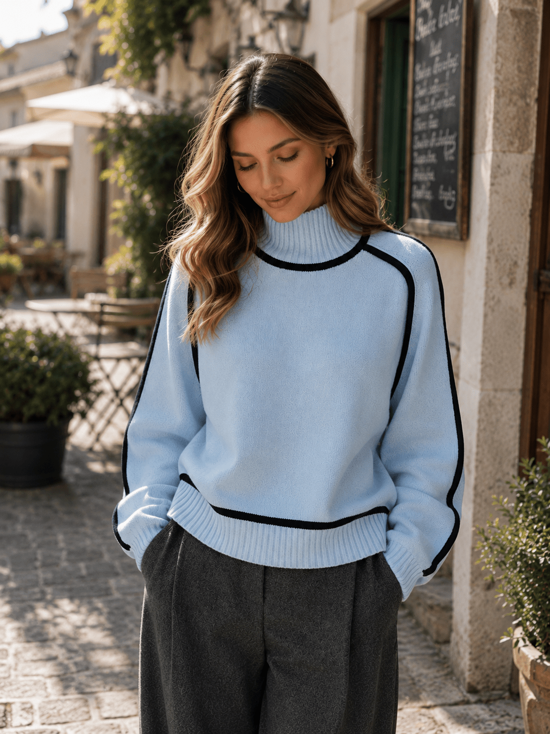 Miss | Trui Dames Oversized Rolkraag Raglanmouw Contrastbies - Gebreid - Miss Madera MIS-3QX6AC