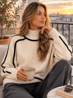 Miss | Trui Dames Oversized Rolkraag Raglanmouw Contrastbies - Gebreid - Miss Madera MIS-EIAD15
