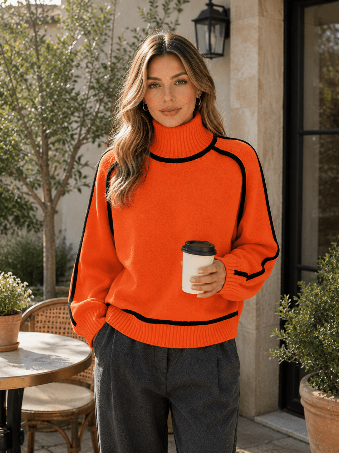 Miss | Trui Dames Oversized Rolkraag Raglanmouw Contrastbies - Gebreid - Miss Madera MIS-EIAD15