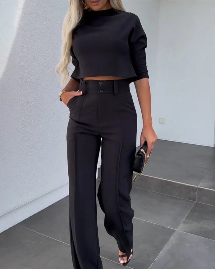 Miss | Tweedelige Set Dames Cropped Top + Wijde Broek – Co-ord Set - Miss Madera MIS-H45U5M