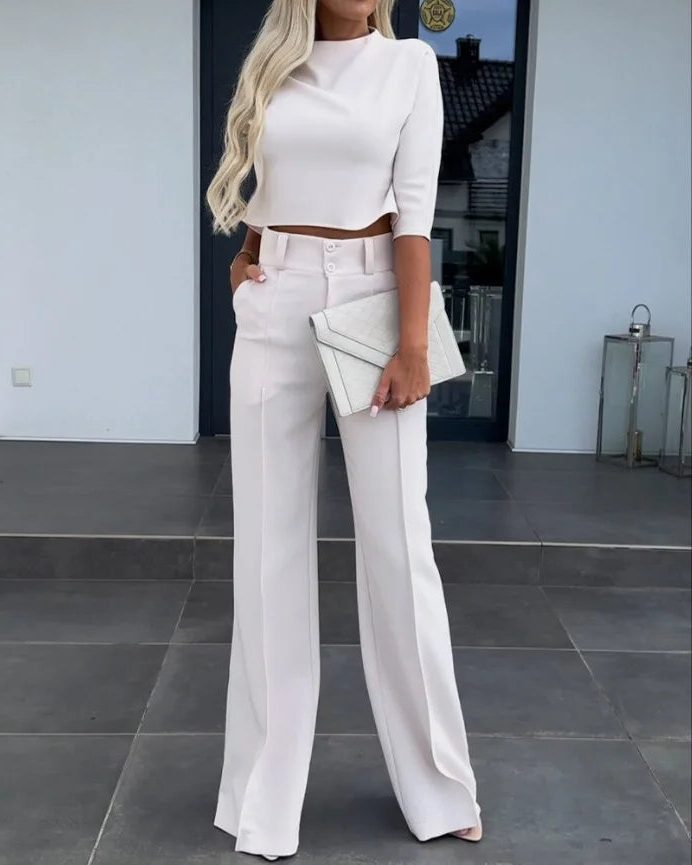 Miss | Tweedelige Set Dames Cropped Top + Wijde Broek – Co-ord Set - Miss Madera MIS-ZFRV9U