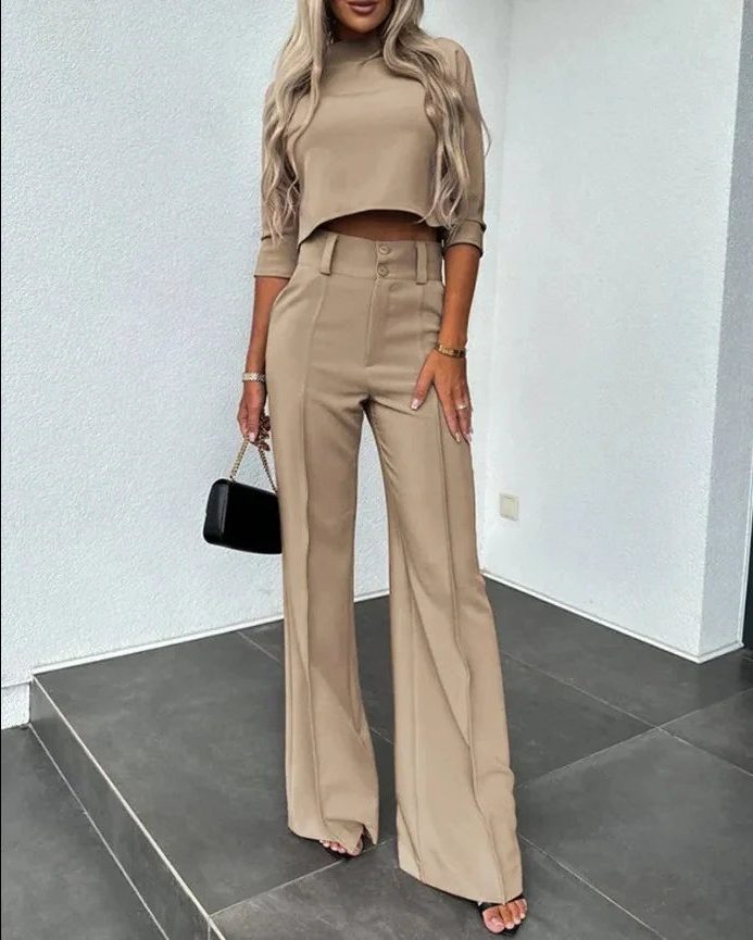 Miss | Tweedelige Set Dames Cropped Top + Wijde Broek – Co-ord Set - Miss Madera MIS-G14B0Z